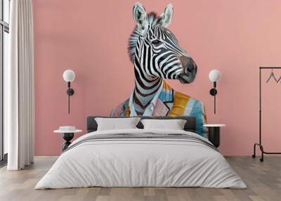 Elegant zebra in striped suit and white shirt on pastel pink background Wall mural