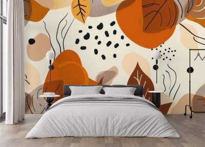 Flat illustration of autumn pattern with leaves and abstract shapes in earth, brown, beige, black and orange colors Wall mural