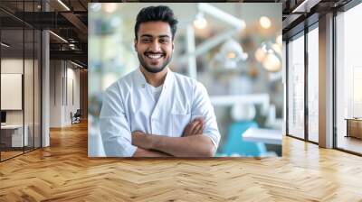 Handsome Indian male dentist smiling, standing with folded hands inside blurry modern clinic. Dental care concept Wall mural