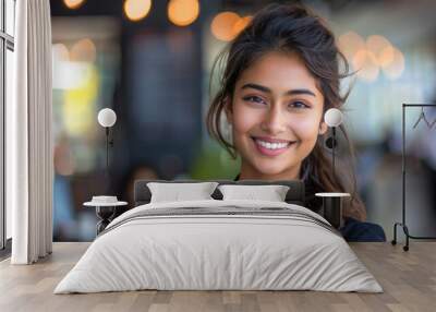 Happy Indian businesswoman in stylish semi-formal wear smiling confidently in blurry modern office Wall mural