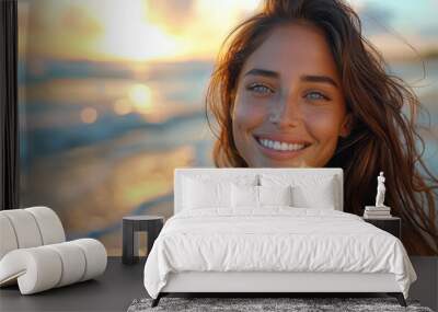 portrait of a beautiful woman smiling happily on a sunny beach with ocean waves in the background Wall mural