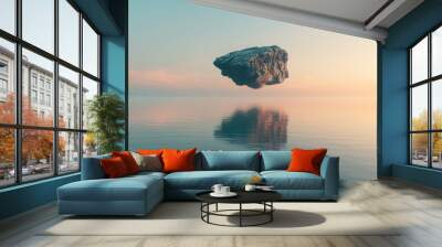 Surreal view of lone floating boulder mirrored in the serene waters at dawn Wall mural