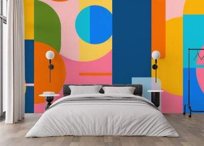 Vibrant and colorful abstract background with geometric shapes in blue, orange, pink, lime green and yellow Wall mural