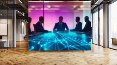  a business person convincing a boardroom to adopt a practice with abstract technology strings in the background  Wall mural