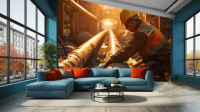 A man wearing a construction suit inspects a water pipe, gas, in an underground tunnel. Wall mural