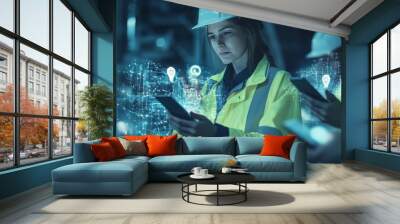 Industry 4.0: A female engineer leads her team in a futuristic industrial setting, using digital technology to monitor and optimize processes. The image showcases the power of technology in the modern Wall mural