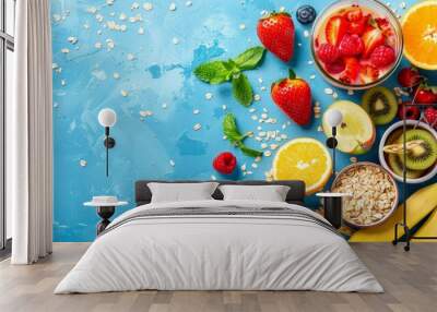 Various fresh fruits such as berries, strawberries and wheat, vegetable salads, healthy food. To help you lose weight, top view Wall mural