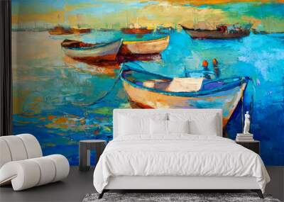 Boats on sunset Wall mural