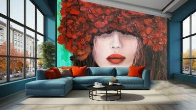 Red flowers woman Wall mural