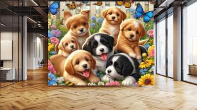 Many puppies in a garden with butterflies art attractive card design illustrator illustrator. Wall mural