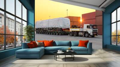 heavy oversize cargo truck Loading a new locomotive port area Wall mural