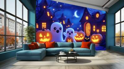 3D Halloween, lighting pumpkin, cute ghost, jack o lanterns and a black cat Wall mural