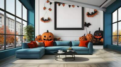 A wooden frame mockup hanging on the wall with halloween decorations Wall mural