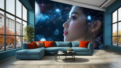 An Asian woman's silhouette with smart home icons and cloud technology, symbolizing the integration between people and AI in intelligent living spaces Wall mural