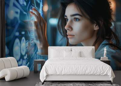 business woman works on a industrial futuristic hmi panel future work concept. Wall mural