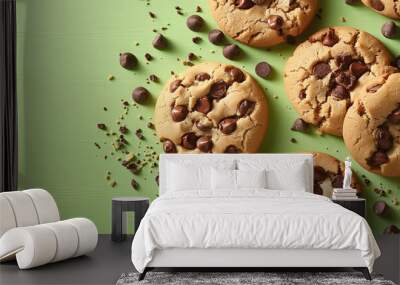 chocolate chip cookies and a few crumbs, bright green background Wall mural