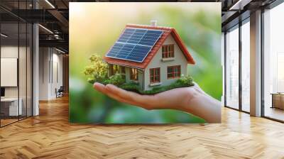 Hand holding a house with solar panels installed on the roof Wall mural