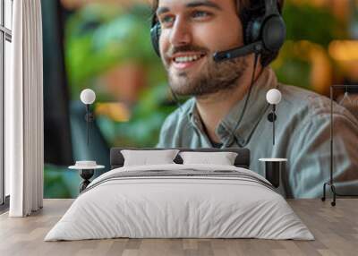 Happy man call center agent wearing headset talking to client working in customer support office. Wall mural