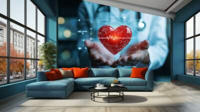 Medicine doctor holding red heart shape in hand with medical icon network connection modern virtual screen interface, Medical technology network concept Wall mural