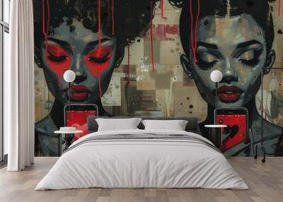 Painting of two women holding up their phones with red heart valentine new concept Wall mural