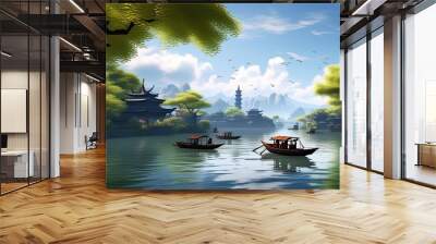 illustration of a Chinese landscape in the style of old chinese painting Wall mural