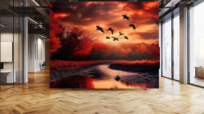 the AI Image Generator, breathtaking and serene autumn landscape at sunset. Wall mural