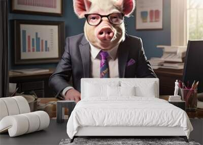 the AI Image Generator, cute pig wearing sunglasses and a suit with a tie Wall mural