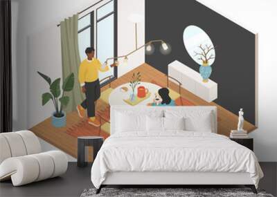 Family breakfast in the living room - vector colorful isometric illustration Wall mural