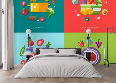 Illustration of flat design food, fruits and vegetables icons co Wall mural