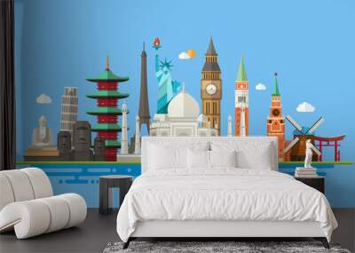 Illustration  of flat design postcard with famous world landmark Wall mural