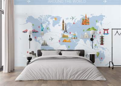 Illustration  of flat design postcard with famous world landmark Wall mural