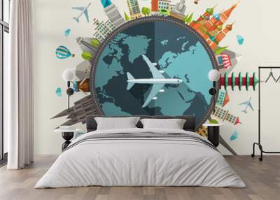 illustration of flat design travel composition with famous world Wall mural