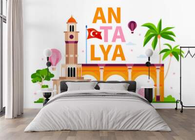 Sights and architecture of Antalya - modern colored vector illustration with Saat Kulesi clock tower and colonnade with arches, national flag. Summer vacation in Turkey, landmarks and attractions Wall mural