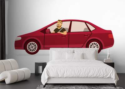 Young man in a car - cartoon people character isolated illustration Wall mural