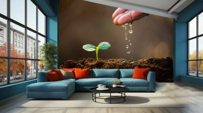 Earth day concept. Drop water on hand for growing tree. Protect the environment. Renewable energy for future. Global warming concept. Sustainable resources. Wall mural