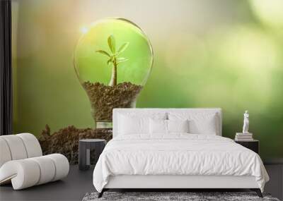 The tree growing on the soil in a light bulb. Creative ideas of earth day or save energy and environment concept Wall mural