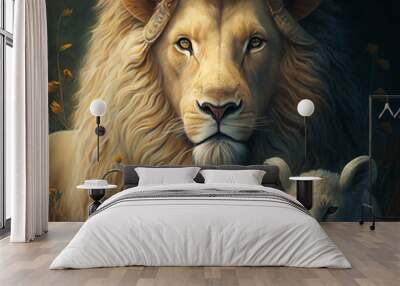 Illustration showing a lion and a sheep Wall mural