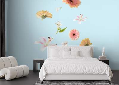 Beautiful spring flowers on a pastel blue background. Romantic aesthetic natural concept. Wall mural