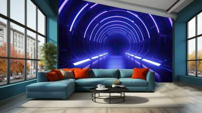 3D rendering of a futuristic tunnel with glowing blue neon lights. The tunnel is made of dark metal and has a shiny reflective floor. Wall mural