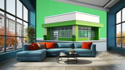 3D rendering of a small business building with large windows and a green exterior. Wall mural