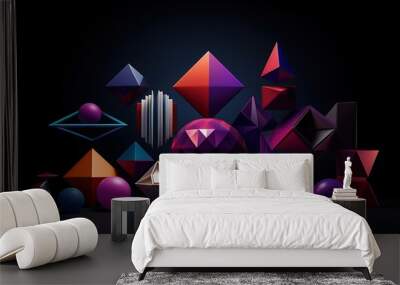 3D rendering of a variety of geometric shapes in bright colors against a dark background. Wall mural