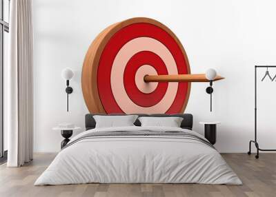 3D rendering of an arrow hitting the center of a target. The target is made of wood and has red and white rings. Wall mural