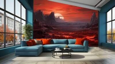 A barren and inhospitable alien landscape with a red moon in the distance. The ground is cracked and fissured, and there is no sign of vegetation. Wall mural