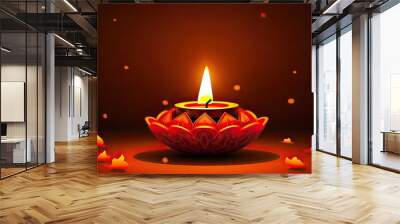 A beautiful glowing candle in a red holder. The candle is surrounded by a dark background with red and yellow flower petals scattered on the surface. Wall mural