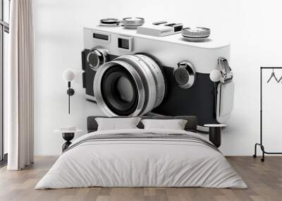 A beautiful retro camera with a white body and black leather accents. The camera has a large lens and a variety of buttons and dials. Wall mural