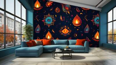 A beautiful seamless pattern with colorful  Diwali  oil lamps and floral motifs. Wall mural