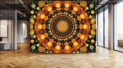 A colorful mandala with repeating geometric patterns and a glowing center. Wall mural