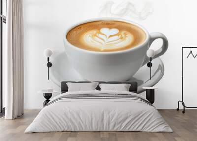 A cup of steaming coffee with latte art on a white background. Wall mural