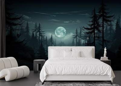 A dark and mysterious forest at night. The only light comes from a full moon, which is shining through the trees. Wall mural