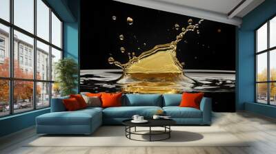 A golden liquid splash creates a dramatic and beautiful abstract design against a black background. Wall mural